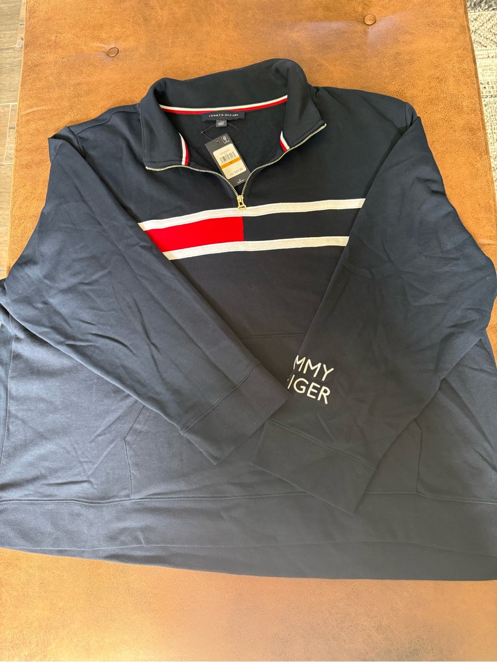Tommy Hilfiger Navy Half-Zip Sweater with Red and White Stripe